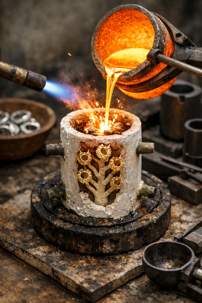 珠宝铸造过程中的黄金注入